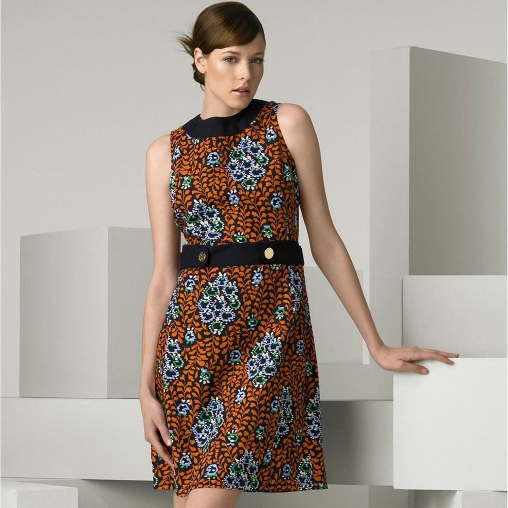 Tory Burch Melanie Printed Linen Dress 8 orange.